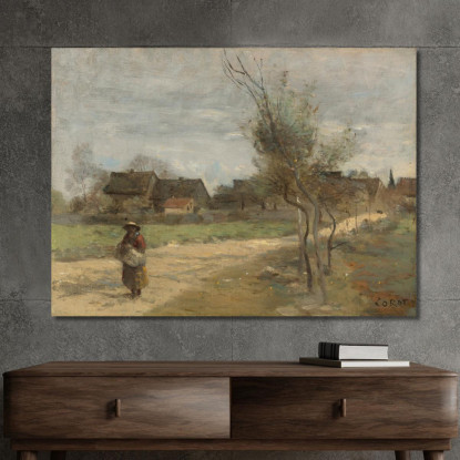 Contadina Su Una Strada Con Vista Di Un Villaggio Jean-Baptiste-Camille Corot jbc195 quadro stampato su tela