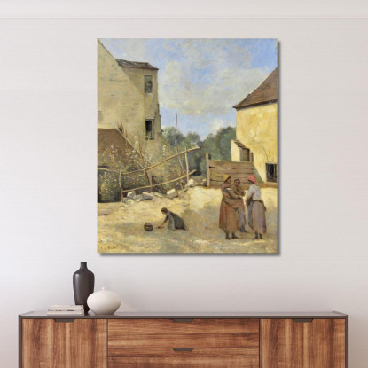 Tre Contadine Chiacchierano In Un Cortile Rustico Jean-Baptiste-Camille Corot jbc270 quadro stampato su tela