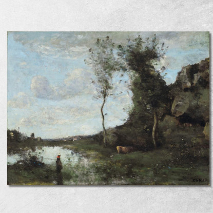 Una Contadina E La Sua Mucca Allo Stagno Con Vista Su Un Villaggio Jean-Baptiste-Camille Corot jbc284 quadro stampato su tela