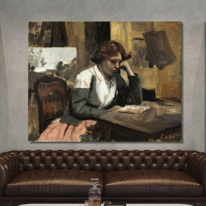 Donna Che Legge In Studio Jean-Baptiste-Camille Corot jbc308 quadro stampato su tela