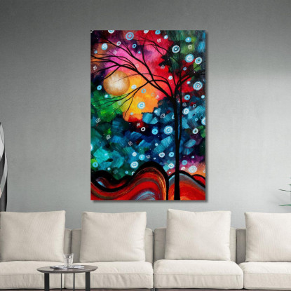 Quadro Astratto Con Albero Nero Luna E Sfondo Multicolore abs14 quadro stampato su tela
