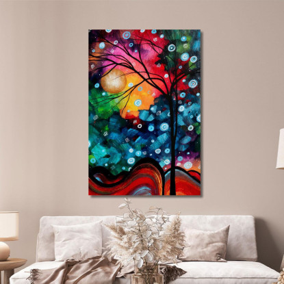 Quadro Astratto Con Albero Nero Luna E Sfondo Multicolore abs14 quadro stampato su tela
