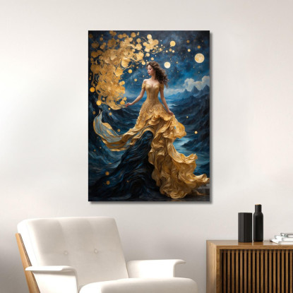 Quadro Donna Abito Dorato Scena Fantasy Luna E Montagne abs78 quadro stampato su tela