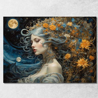 Quadro Donna Fantasy Con Dettagli Floreali Tonalità Blu E Oro abs80 quadro stampato su tela