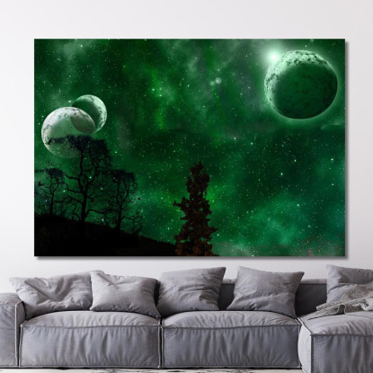 Quadro Spazio Galassia Verde Pianeti Surreale abs90 quadro stampato su tela