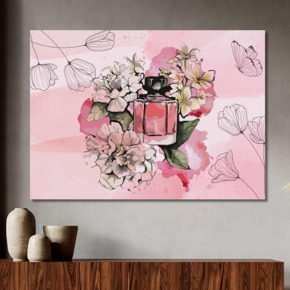 Quadro Bottiglia Di Profumo Rosa Tra Fiori Su Sfondo Acquerello Fashion fsn9 quadro stampato su tela