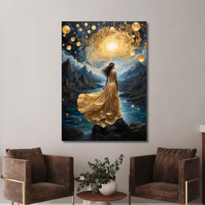 Quadro Donna Abito Dorato Paesaggio Stellato Fiabesco Fashion fsn14 quadro stampato su tela