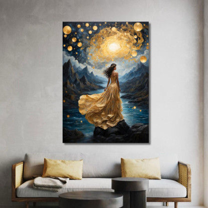 Quadro Donna Abito Dorato Paesaggio Stellato Fiabesco Fashion fsn14 quadro stampato su tela