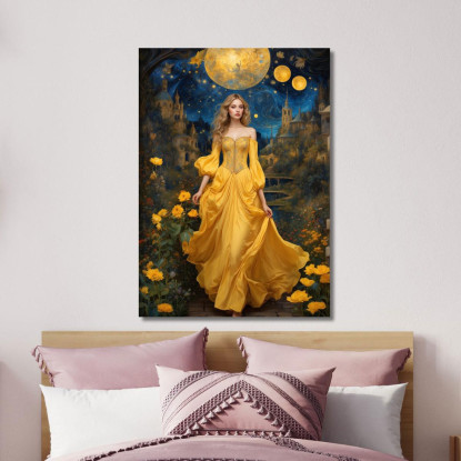 Quadro Donna Abito Giallo Castello Luna Fiori Notturni Fashion fsn15 quadro stampato su tela