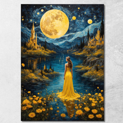 Quadro Donna Abito Giallo Luna Piena Paesaggio Incantato Fashion fsn16 quadro stampato su tela