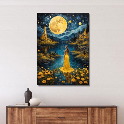 Quadro Donna Abito Giallo Luna Piena Paesaggio Incantato Fashion fsn16 quadro stampato su tela