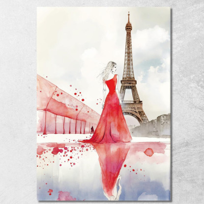 Quadro Donna Abito Rosso Parigi Riflesso Torre Eiffel Illustrazione Minimalista Fashion fsn18 quadro stampato su tela