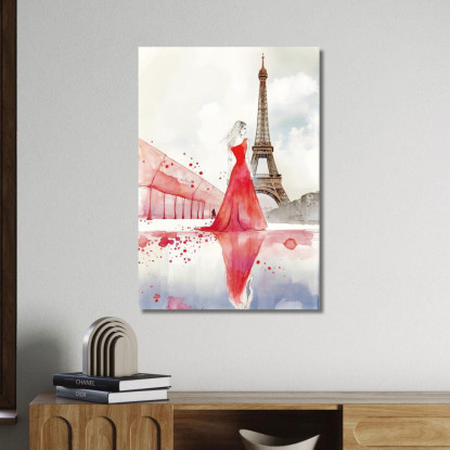 Quadro Donna Abito Rosso Parigi Riflesso Torre Eiffel Illustrazione Minimalista Fashion fsn18 quadro stampato su tela