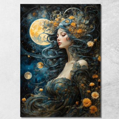 Quadro Donna Capelli Mossi Blu Luna Piena Fiori Gialli Fantasy Fashion fsn25 quadro stampato su tela