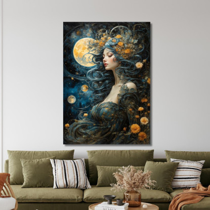 Quadro Donna Capelli Mossi Blu Luna Piena Fiori Gialli Fantasy Fashion fsn25 quadro stampato su tela