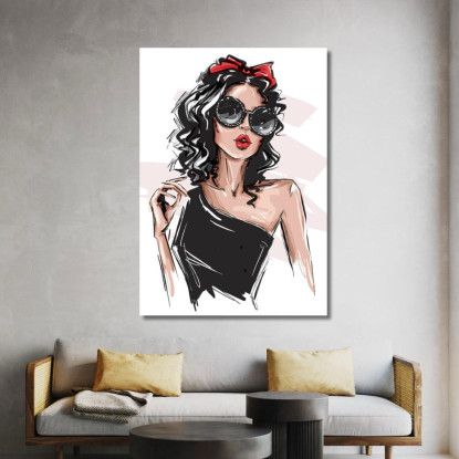 Quadro Donna Con Occhiali Vintage E Fiocco Rosso Fashion fsn29 quadro stampato su tela