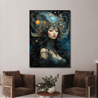 Quadro Donna Corona Astrale Abito Blu E Oro Dettagli Cosmici Fashion fsn32 quadro stampato su tela