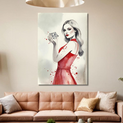 Quadro Donna Elegante Abito Rosso Con Diamante Disegno Acquerello Artistico Fashion fsn33 quadro stampato su tela