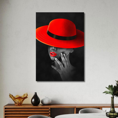 Quadro Donna Elegante Cappello Rosso Labbra Rosse Sfondo Nero Fashion fsn37 quadro stampato su tela