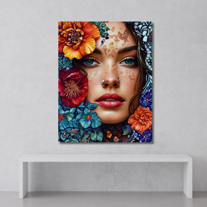 Quadro Ritratto Donna Fiori Colorati Artistico Fashion fsn77 quadro stampato su tela