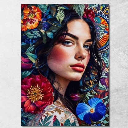 Quadro Ritratto Donna Occhi Azzurri Fiori Vivaci Decorativi Fashion fsn79 quadro stampato su tela