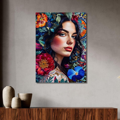 Quadro Ritratto Donna Occhi Azzurri Fiori Vivaci Decorativi Fashion fsn79 quadro stampato su tela