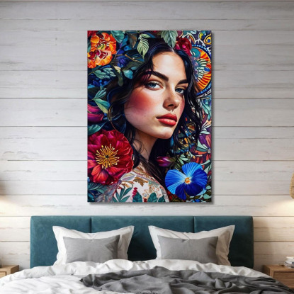 Quadro Ritratto Donna Occhi Azzurri Fiori Vivaci Decorativi Fashion fsn79 quadro stampato su tela