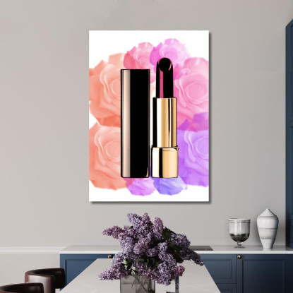 Quadro Rossetto Dorato Su Sfondo Floreale Rosa E Viola Fashion fsn83 quadro stampato su tela