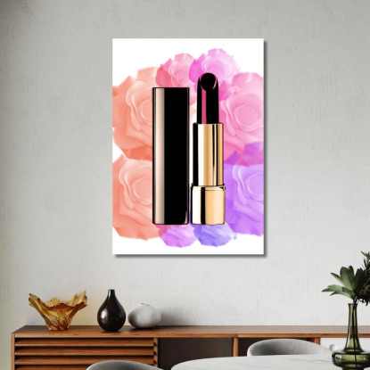 Quadro Rossetto Dorato Su Sfondo Floreale Rosa E Viola Fashion fsn83 quadro stampato su tela