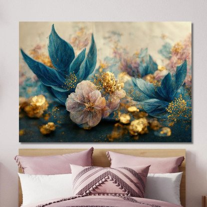 Quadro Con Composizione Floreale Blu E Dorata Con Petali Scintillanti Quadro Moderno Fiori Astratti flp8 quadro stampato su te