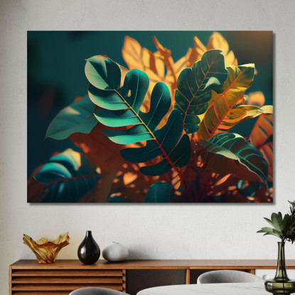 Quadro Con Foglie Tropicali Illuminate Da Luce Calda Quadro Moderno Fiori Astratti flp9 quadro stampato su tela