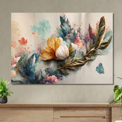 Quadro Elegante Con Fiori Dorati E Blu Su Sfondo Chiaro Vintage Quadro Moderno Fiori Astratti flp11 quadro stampato su tela