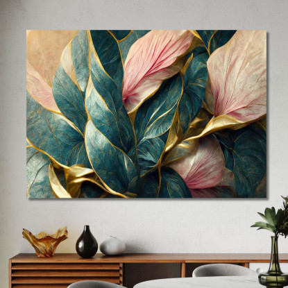 Quadro Foglie Verdi Con Venature Dorate Vintage Quadro Moderno Fiori Astratti flp25 quadro stampato su tela