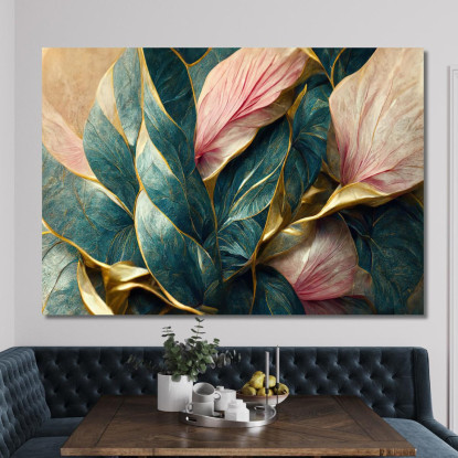 Quadro Foglie Verdi Con Venature Dorate Vintage Quadro Moderno Fiori Astratti flp25 quadro stampato su tela