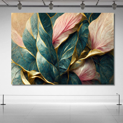 Quadro Foglie Verdi Con Venature Dorate Vintage Quadro Moderno Fiori Astratti flp25 quadro stampato su tela