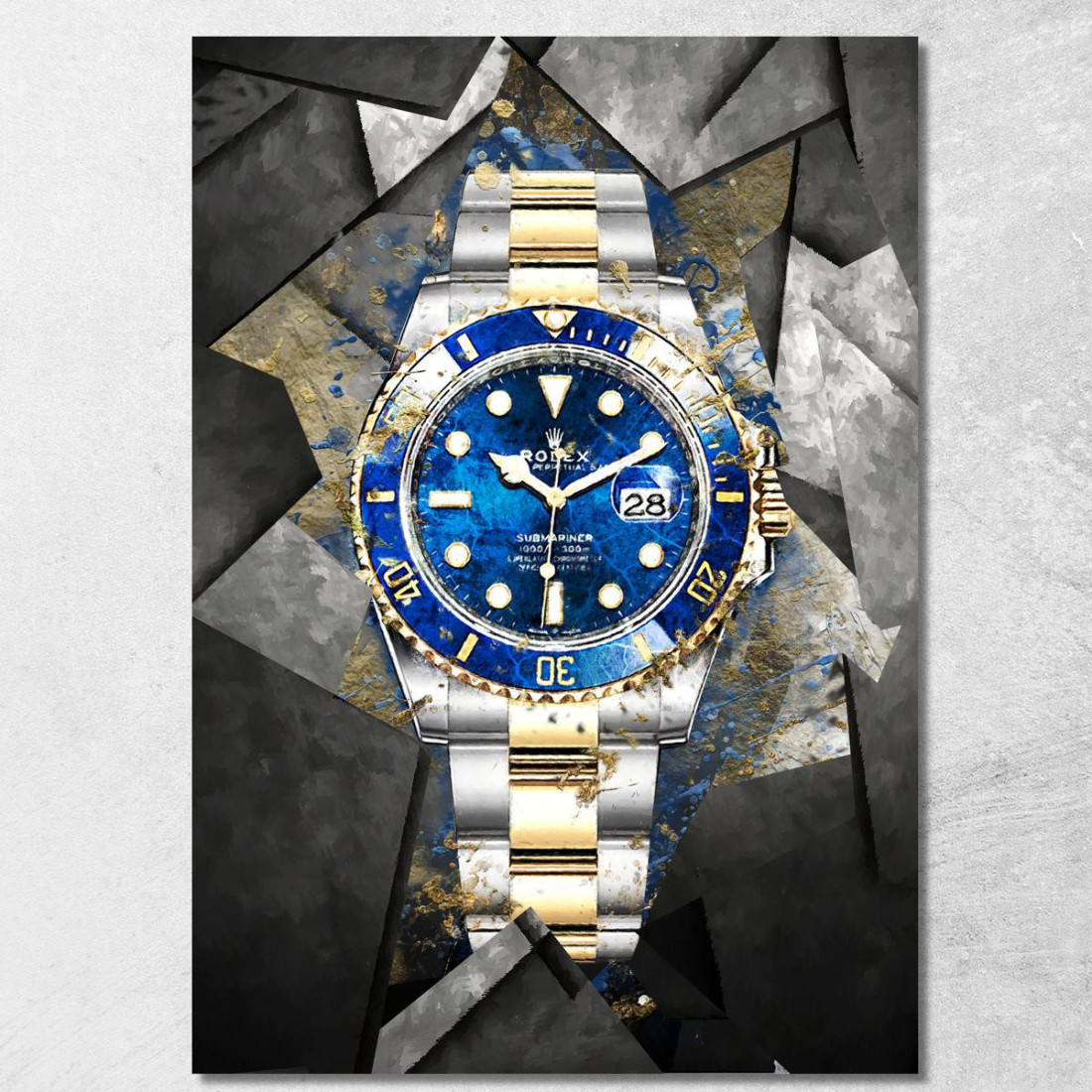 Quadro Moderno Orologio Blu E Oro Su Piastrelle rlx14 quadro stampato su tela