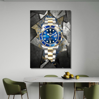 Quadro Moderno Orologio Blu E Oro Su Piastrelle rlx14 quadro stampato su tela