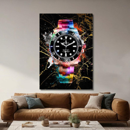 Quadro Moderno Orologio Nero Con Accenti Colorati Su Marmo Nero rlx15 quadro stampato su tela