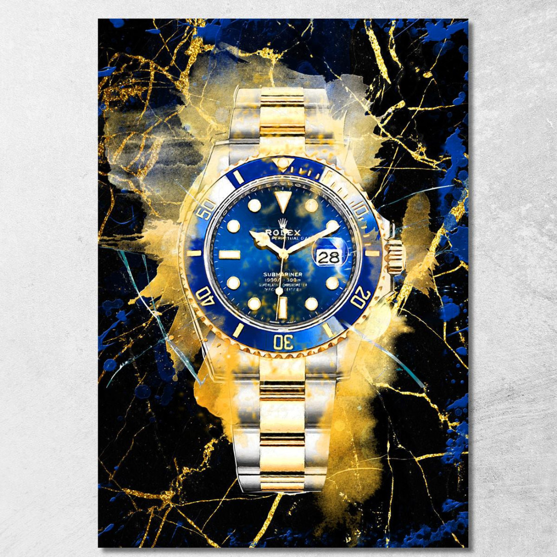 Quadro Moderno Orologio Blu E Oro Su Sfondo Nero rlx17 quadro stampato su tela