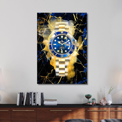 Quadro Moderno Orologio Blu E Oro Su Sfondo Nero rlx17 quadro stampato su tela