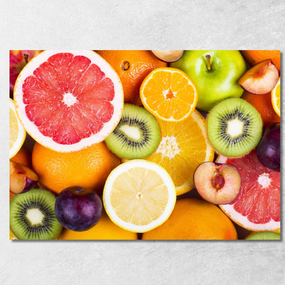 Quadro Moderno Agrumi Affettati Con Kiwi Prugne E Mele Verdi foo2 quadro stampato su tela Quadro Moderno Agrumi Affettati Con Kiwi Prugne E Mele Verdi foo2 quadro stampato su tela