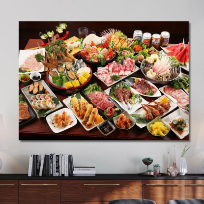 Quadro Moderno Buffet Giapponese Con Sushi Carne E Frutti Di Mare foo8 quadro stampato su tela