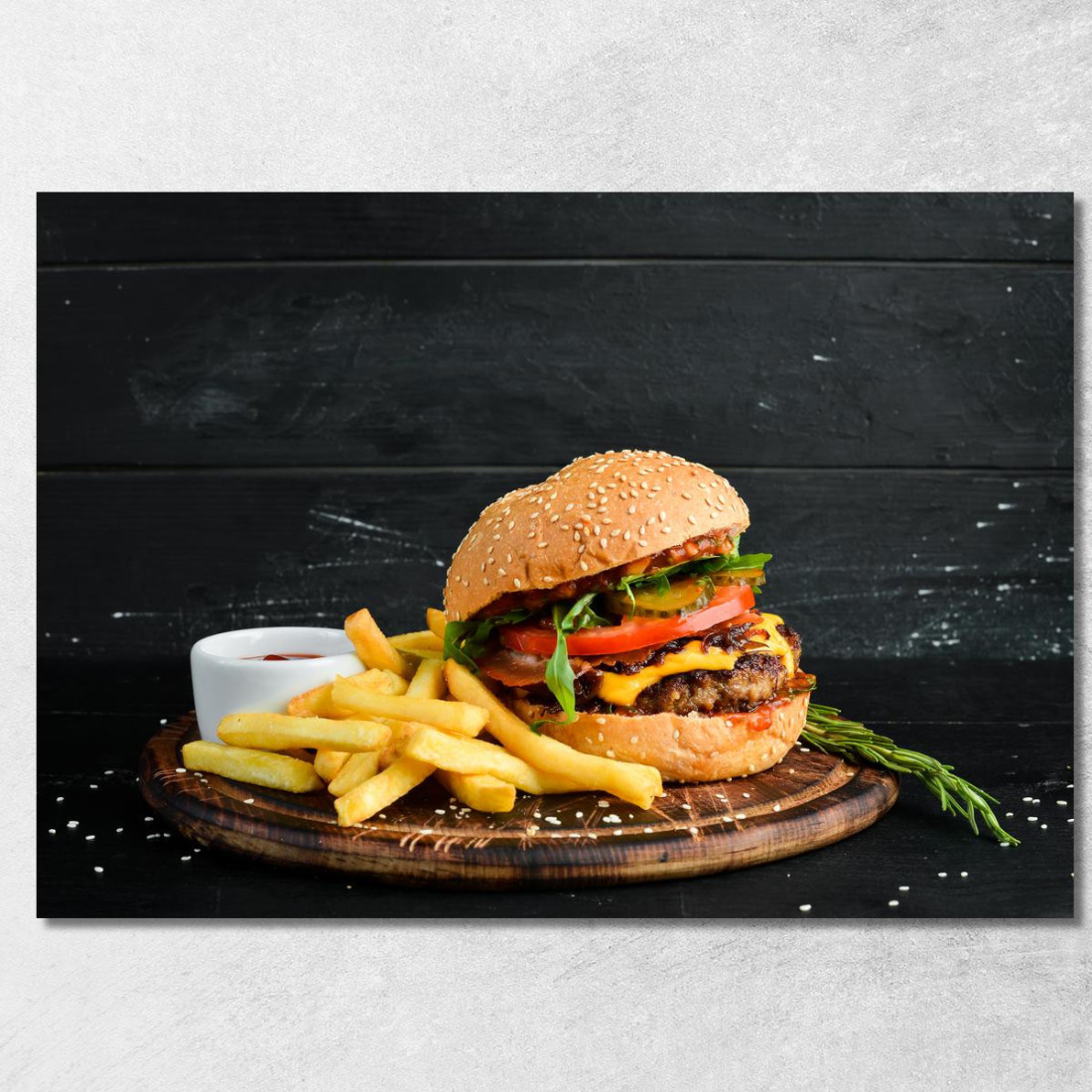 Quadro Moderno Burger Gourmet Con Patatine Croccanti E Salsa Ketchup foo10 quadro stampato su tela Quadro Moderno Burger Gourmet Con Patatine Croccanti E Salsa Ketchup foo10 quadro stampato su tela