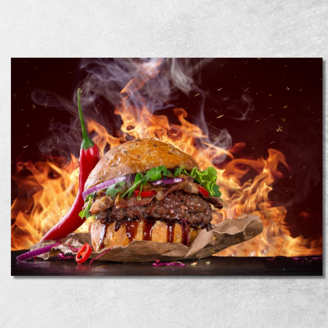 Quadro Moderno Burger Infernale Con Peperoncino E Fiamme foo11 quadro stampato su tela Quadro Moderno Burger Infernale Con Peperoncino E Fiamme foo11 quadro stampato su tela