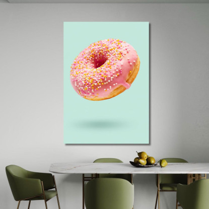 Quadro Moderno Ciambella Glassata Rosa Con Confettini Colorati Su Sfondo Verde Pastello foo25 quadro stampato su tela