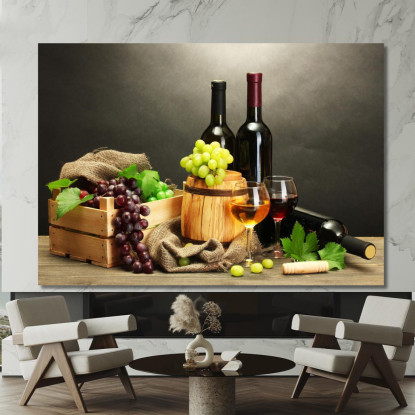 Quadro Moderno Degustazione Di Vini Con Uva E Bottiglie Su Sfondo Elegante foo50 quadro stampato su tela