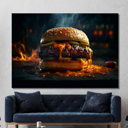 Quadro Moderno Hamburger Affumicato Con Formaggio Fuso E Peperoncino Piccante foo61 quadro stampato su tela