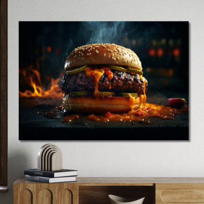 Quadro Moderno Hamburger Affumicato Con Formaggio Fuso E Peperoncino Piccante foo61 quadro stampato su tela