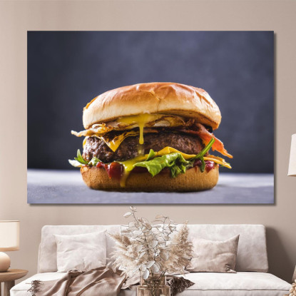 Quadro Moderno Hamburger Gourmet Con Uovo Fritto Bacon Croccante E Formaggio Fuso foo67 quadro stampato su tela