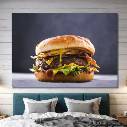 Quadro Moderno Hamburger Gourmet Con Uovo Fritto Bacon Croccante E Formaggio Fuso foo67 quadro stampato su tela